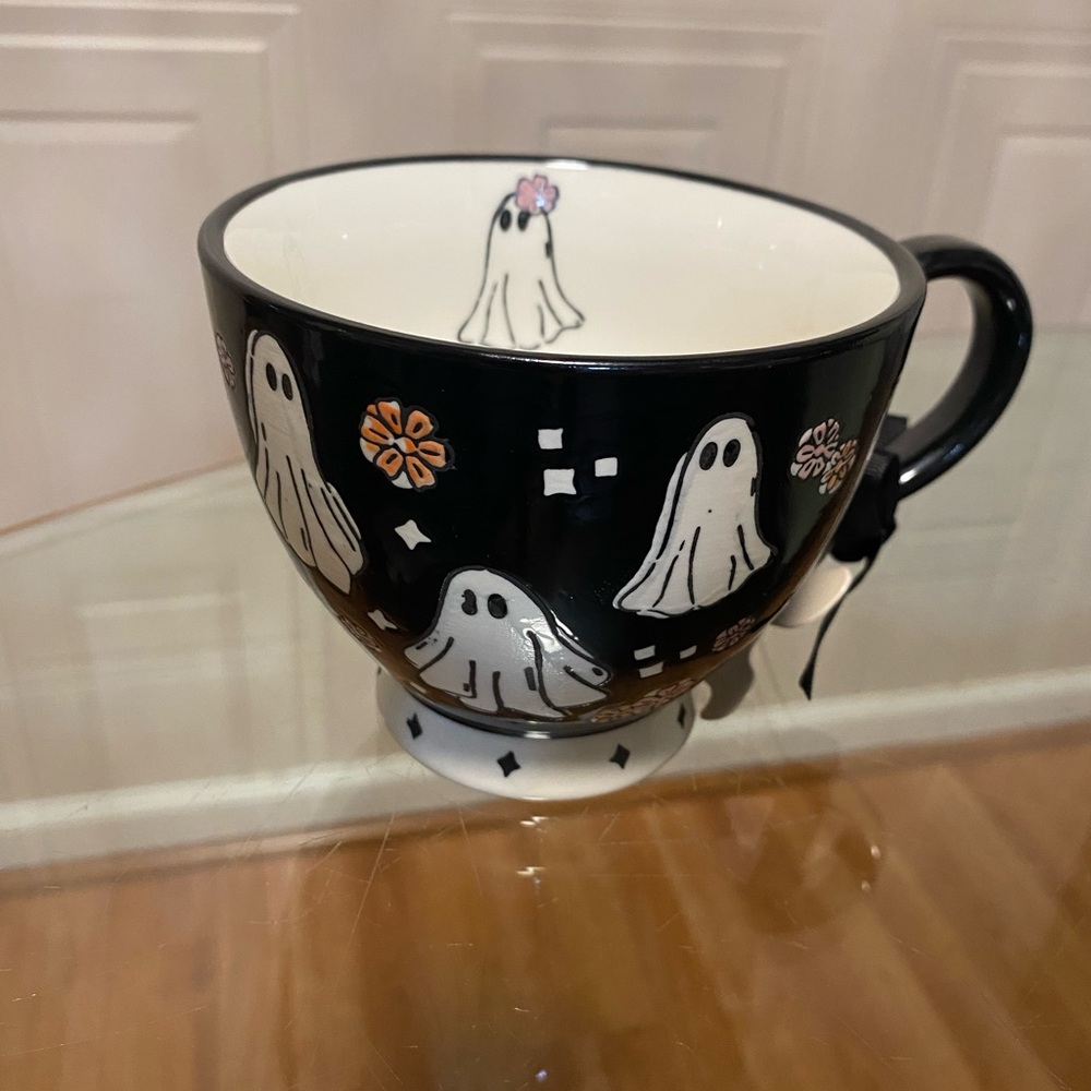 NEW Potters Studio Black Pink Ghost Flowers Halloween Ceramic Mug Cup